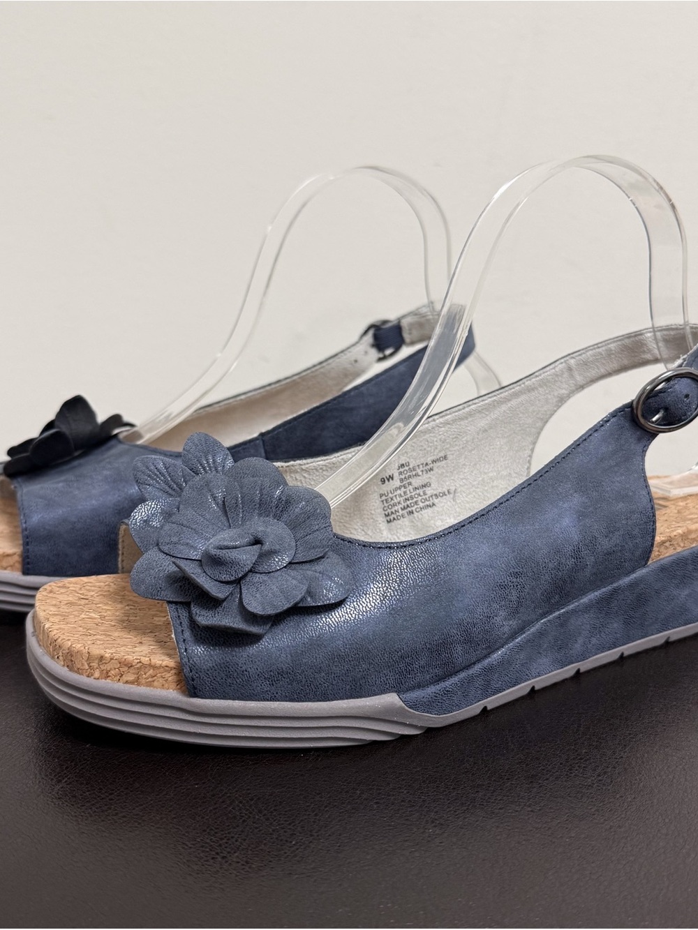 JBU Navy Blue Shimmer Rosetta Slingback Wedge Faux Pebble Leather Sandals 9 Wide